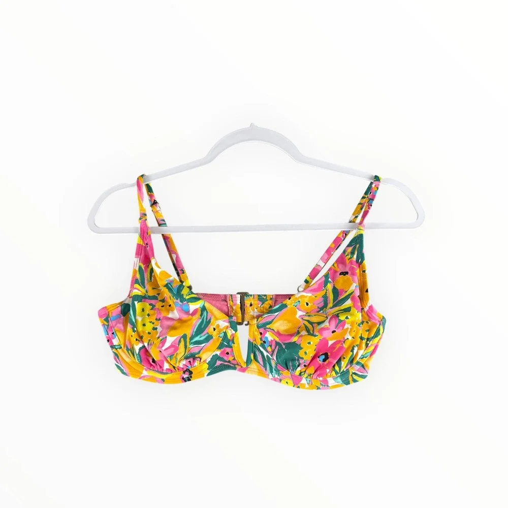 Anne Cole Womens Small Yellow‎ Pink Floral Underwire V-Wire Bikini Swim Top S/P
